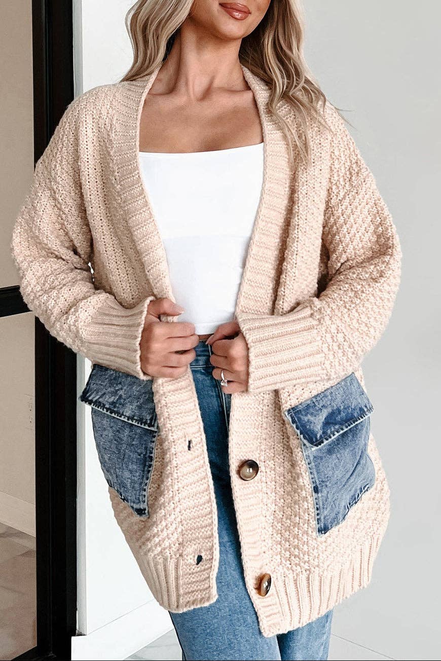 FB Denim Patchwork Pocket Open Front Cardigan