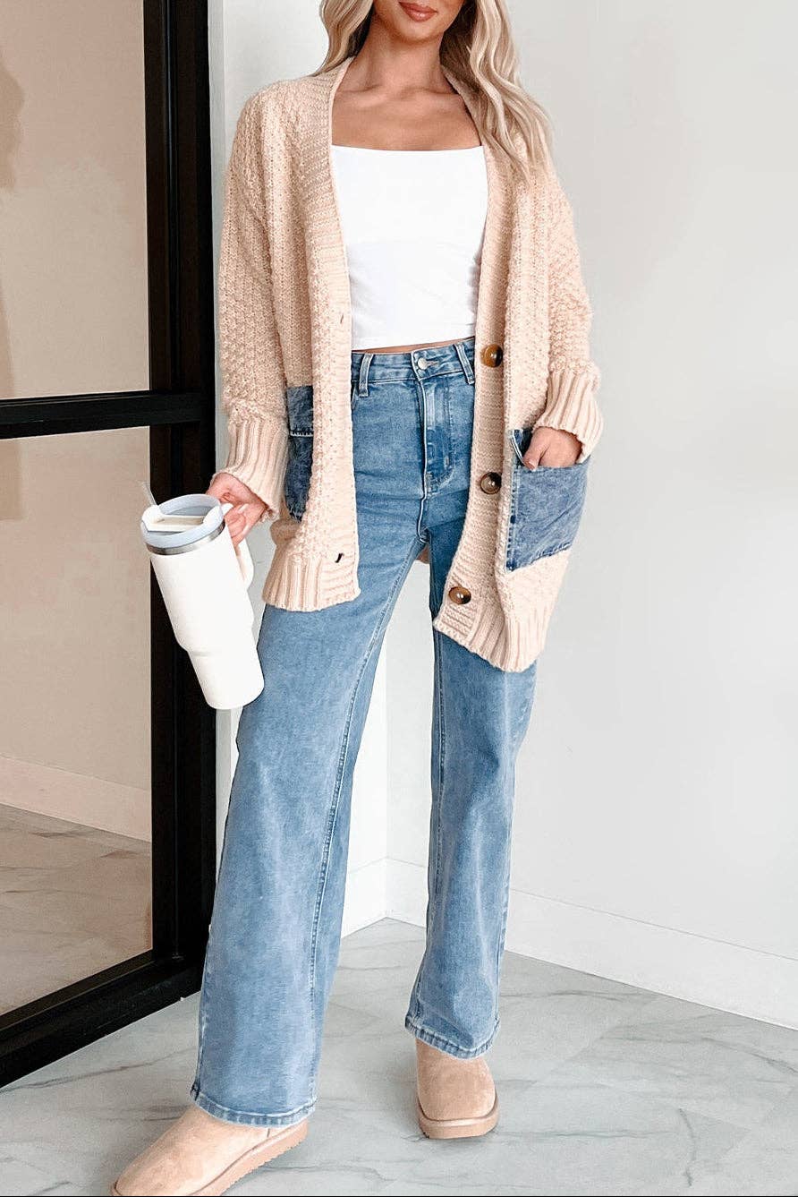 FB Denim Patchwork Pocket Open Front Cardigan