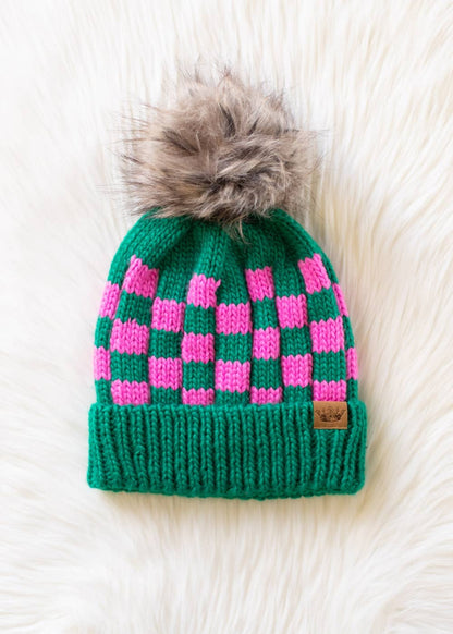 Green & Pink Checkered Pom Hat