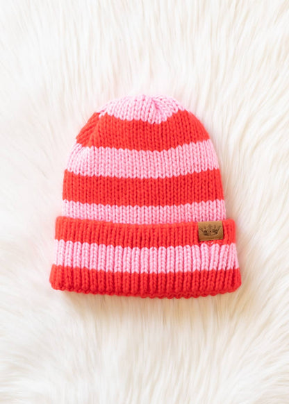 Red & Blush Striped Knit Beanie