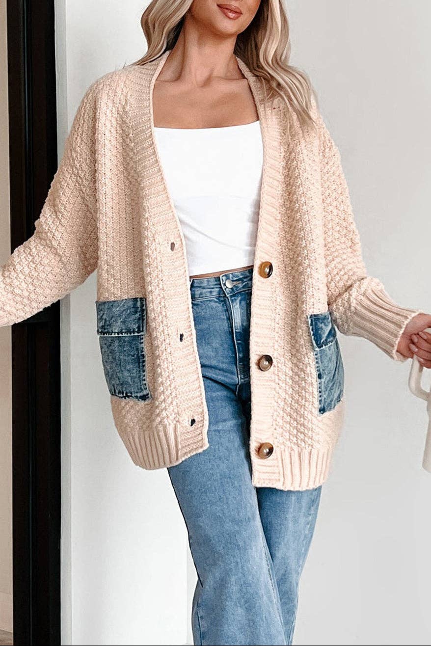 FB Denim Patchwork Pocket Open Front Cardigan
