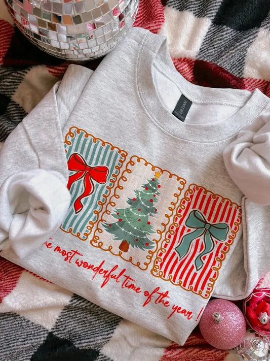 “Most Wonderful Time of the Year” Sweatshirt – Ash Grey  Plaid & Candy Cane Christmas Tee (shipping or pick up available 11/16-11/22)