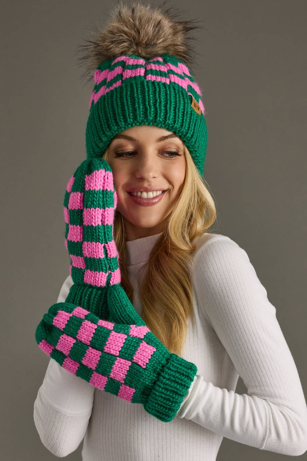 Green & Pink Checkered Mittens