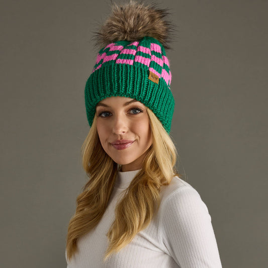 Green & Pink Checkered Pom Hat